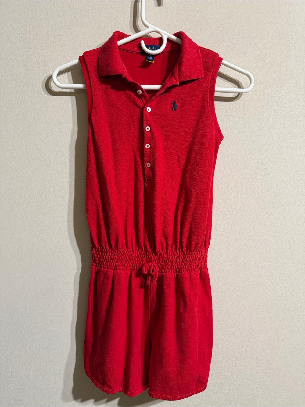 Ralph Lauren Girls Red Sleeveless Polo Romper with Drawstring Waist